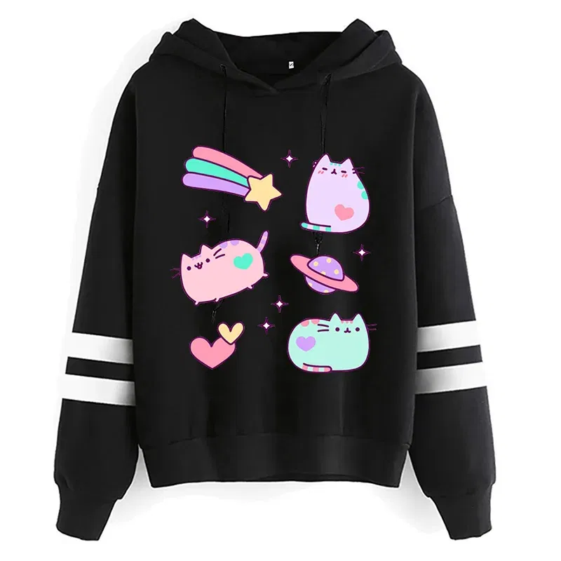 Color: green, Size: S - Women Ullzang Cute Cat Funny Cartoon Sweatshirt Pusheen Cat Kawaii Harajuku Korean Style Hoodies Graphic Fashion Hoody Female
