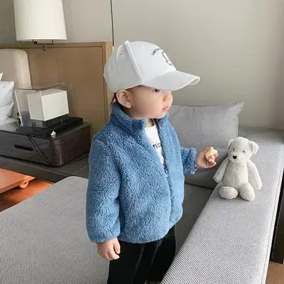 Color: Dark Grey, Kid Size: 18M - Child Autumn Winter Costume Solid Color Outerwear Casual Loose Long Sleeve Tops Plush Jacket Boys Girls Fashion Simple Coats