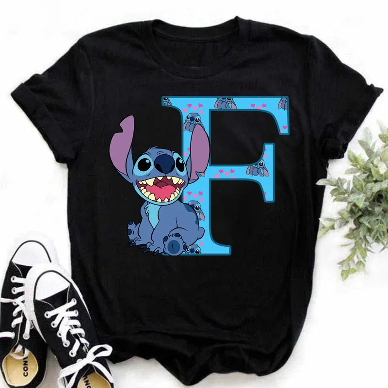 Color: Dark Grey, Size: XXL - Disney Lilo&Stitch A-Z Alphabet Summer Women's Printed T-Shirt Women's Casual Tops T-Shirt Fashion Cartoon Plus Size T-Shirt
