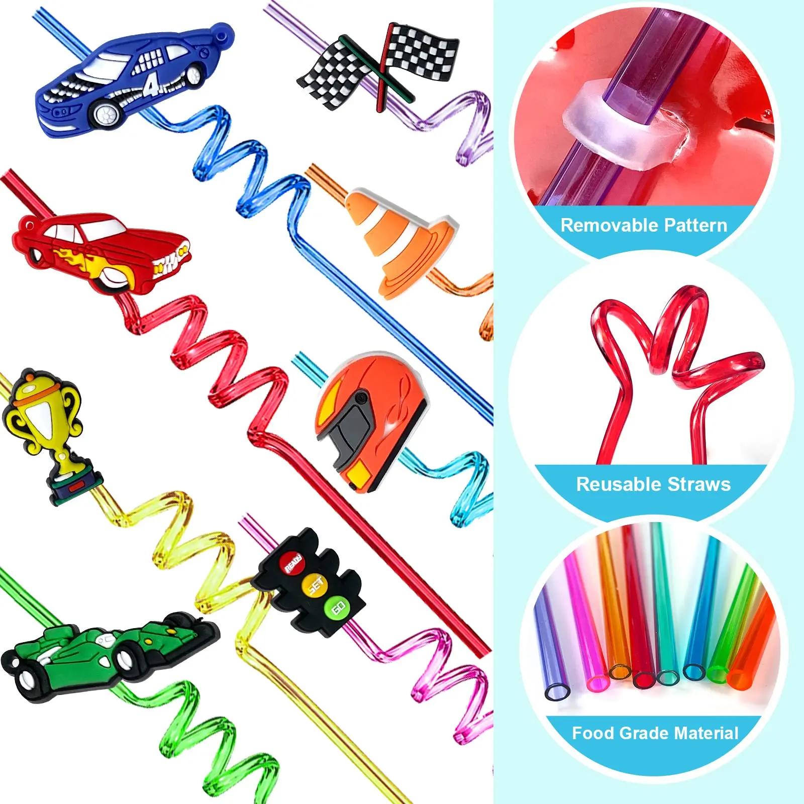 8pcs Race Car Plastic Straw Race Car Party Favors Drinking Straw Fast Two Birthday Party Supplies