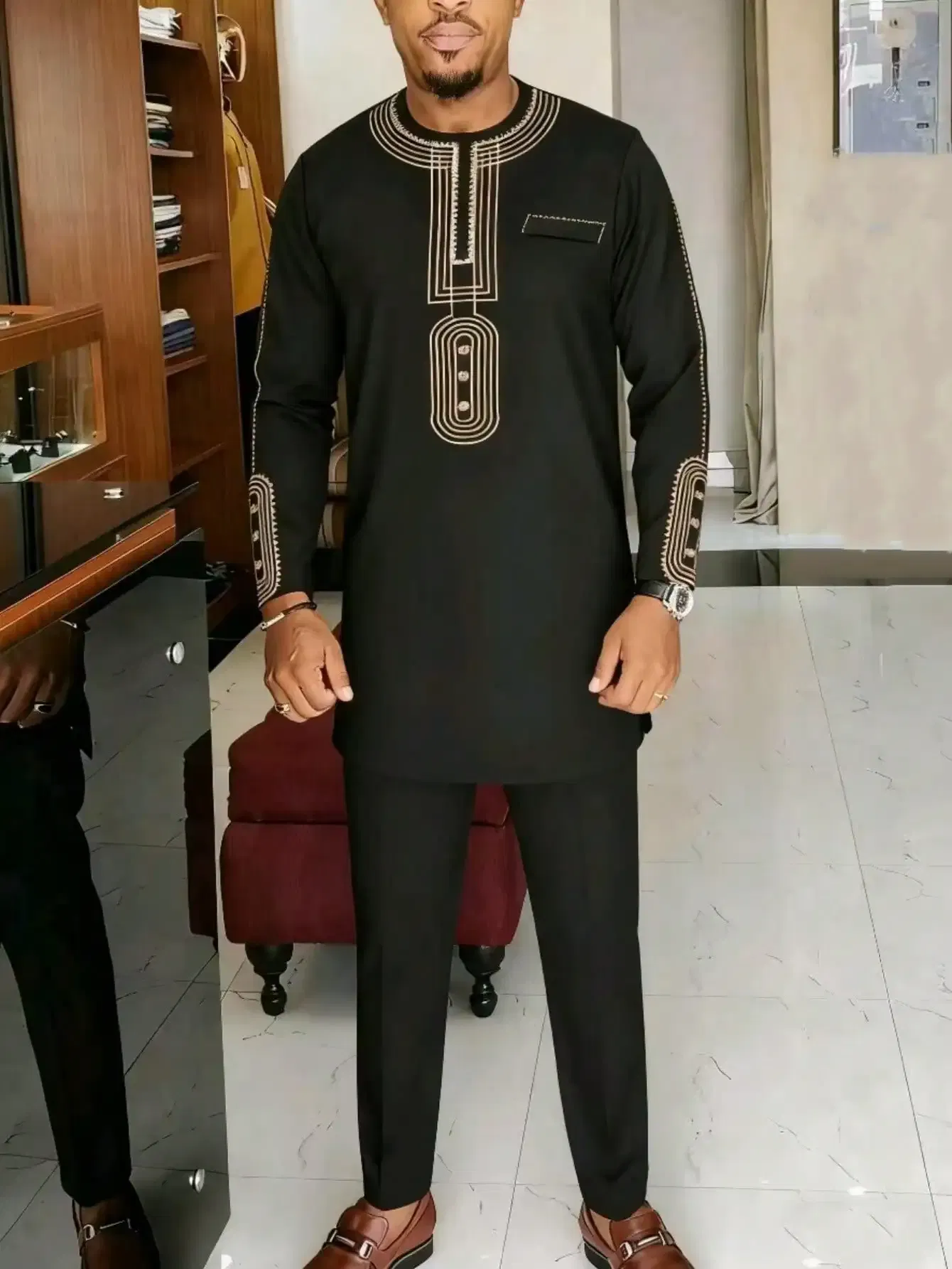 Color: black, Size: L - 2025 New men's suit, white pocket, 2-piece set, luxury wedding casual suit, traditional African style of ethnic minorities