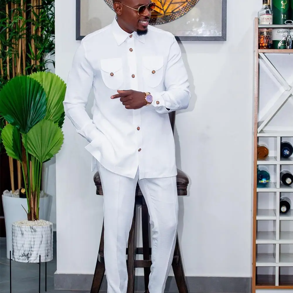 Color: black, Size: L - 2025 New men's suit, white pocket, 2-piece set, luxury wedding casual suit, traditional African style of ethnic minorities