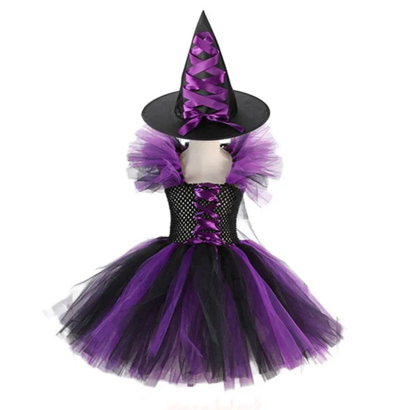 Color: Coffee, Kid Size: 2T - Halloween Witch Tutu Dress for Girls Handmade Mesh Bat Wizard Cosplay Costumes with Hat Broom Toddler Evil Party Clothes Set