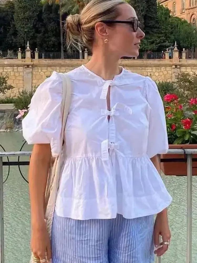 Color: SKY BLUE, Size: M - HH Fashion Solid Hollow Out Shirt Women Causal O Neck Short Sleeved Lace Up Tops Chic Female Casual Blouse Streetwear 2024