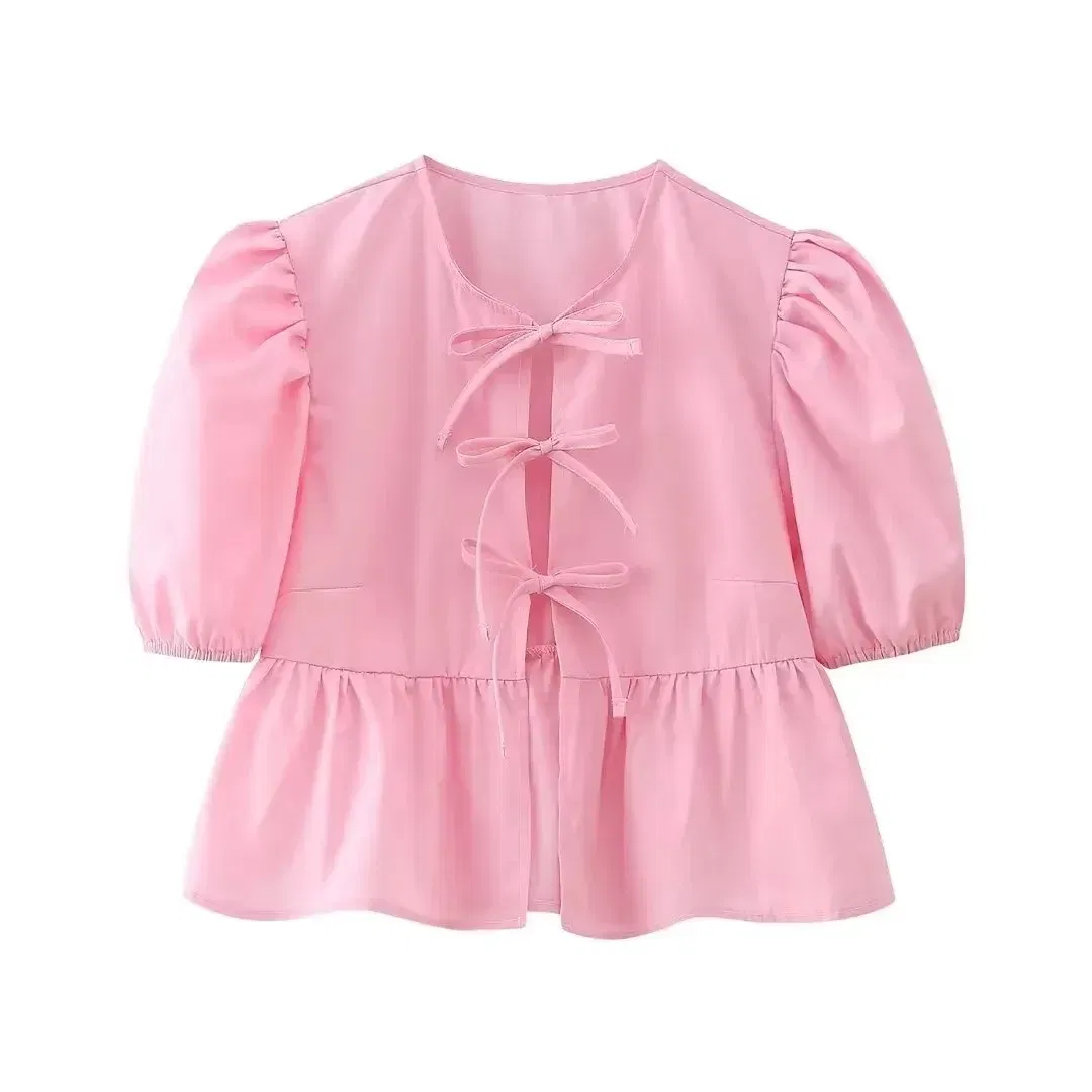 Color: SKY BLUE, Size: M - HH Fashion Solid Hollow Out Shirt Women Causal O Neck Short Sleeved Lace Up Tops Chic Female Casual Blouse Streetwear 2024