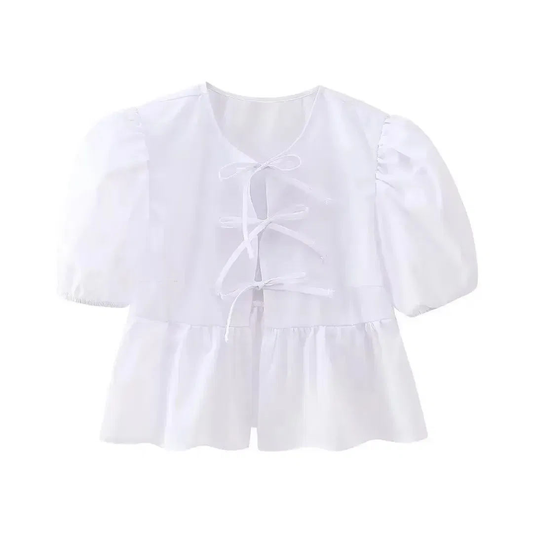 Color: SKY BLUE, Size: M - HH Fashion Solid Hollow Out Shirt Women Causal O Neck Short Sleeved Lace Up Tops Chic Female Casual Blouse Streetwear 2024