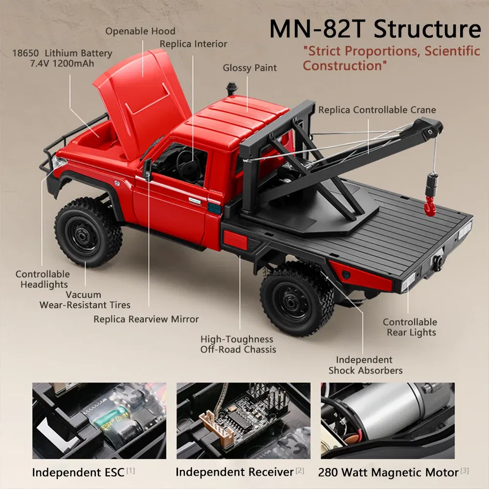 Color: Red - MN82T RC Crawler 1/12 2.4G 4WD Remote Control Off-road Pickup Simulation Crane Vehicle Electric Climbing Car Model Toys for Kids