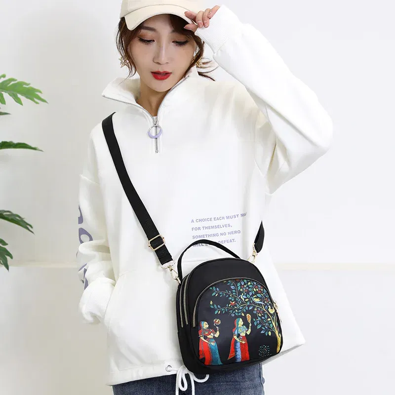 Color: Dark Khaki, Size: 16 inches - Fashion Printing Backpack Women Large Capacity Nylon Rucksack Multilayer Crossbody Bag School Bags Waterproof Travel Knapsack