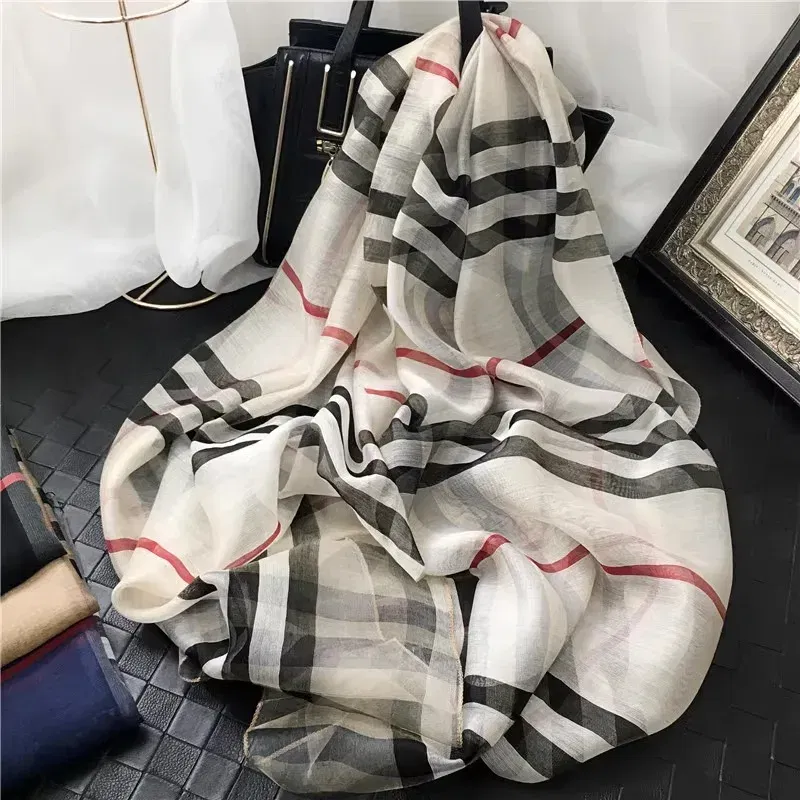 Color: Cream - Silk&Wool Scarf For Women Four Seasons Scarf Big Size 84*190cm