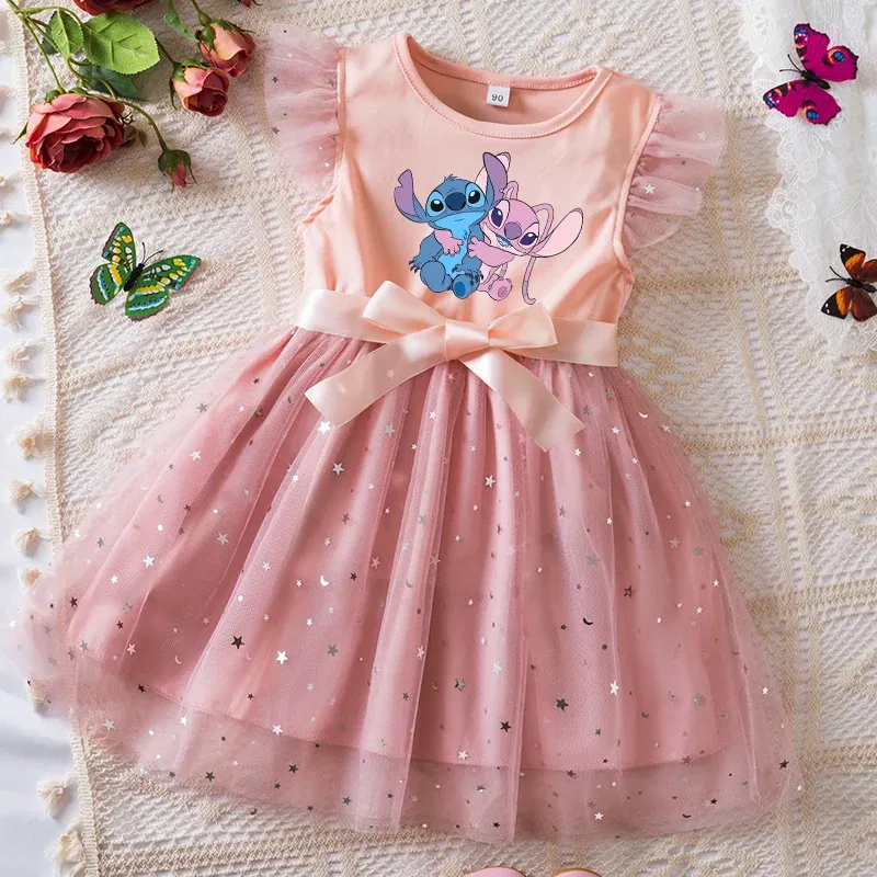 Color: Pink, Kid Size: 11 - Lilo Stitch Girls Sequin Tutu Dress with Bow Flutter Sleeves Summer Princess Party Outfit for Toddler Kids 2-6 Years