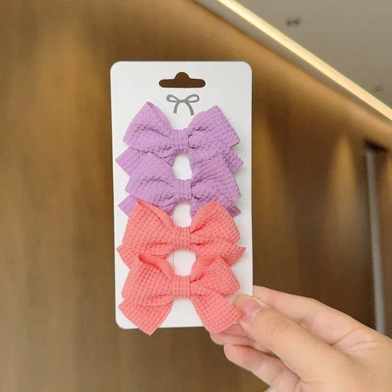 Color: Dark Grey - 4PCS Soft Cotton Bow Hairpin Girl Sweet Plaid Design Hairpin Color Block Delicate Hairgripe Barrettes Kawaii Child Accessories