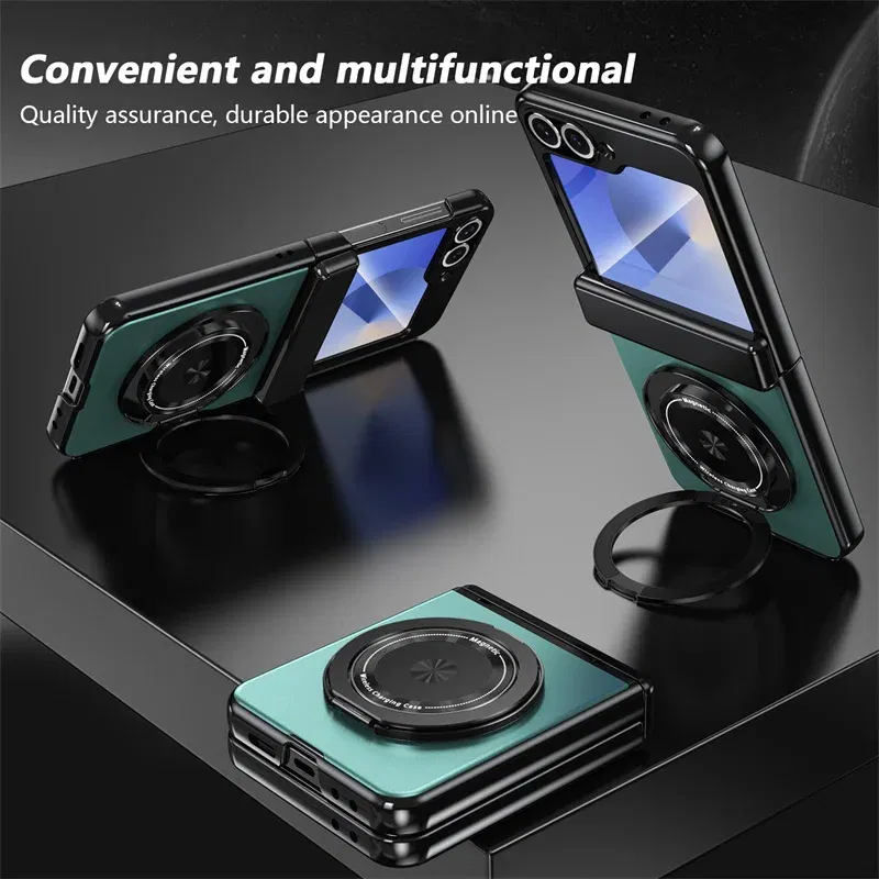 Color: SKY BLUE, Material: CANVAS - 360?° Magnetic Rotate Holder Ring Phone Case For Samsung Galaxy Z Flip 6 5 4 Flip6 Flip5 Flip4 Flip3 Hard Shell Protection Cover