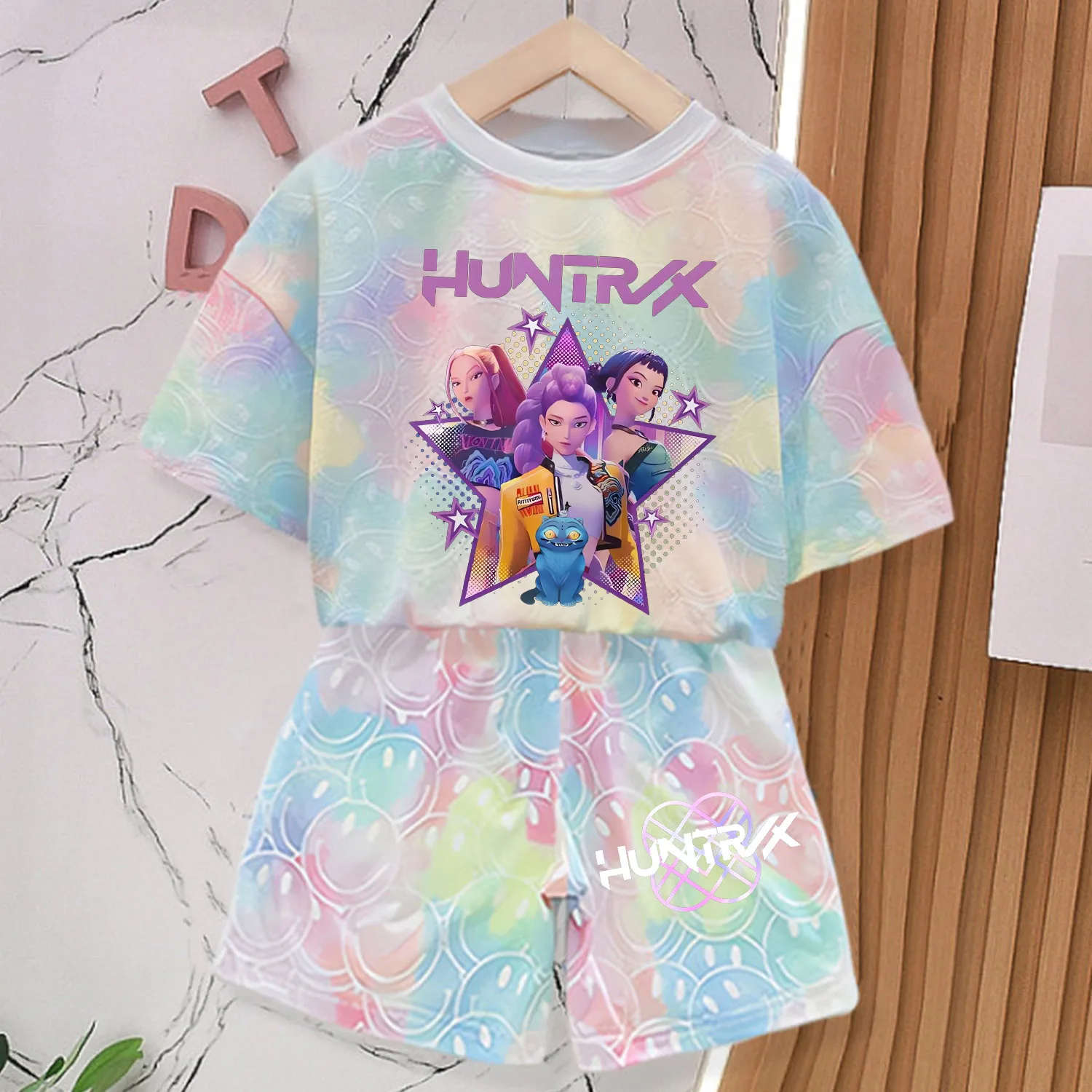 Color: PURPLE, Size: 3" - KPop Demon Hunters New T-shirt Pants Set Girls Summer Clothing Kawaii Smile Face Short Sleeve Outfits Kids Tee Top Pajamas Gift