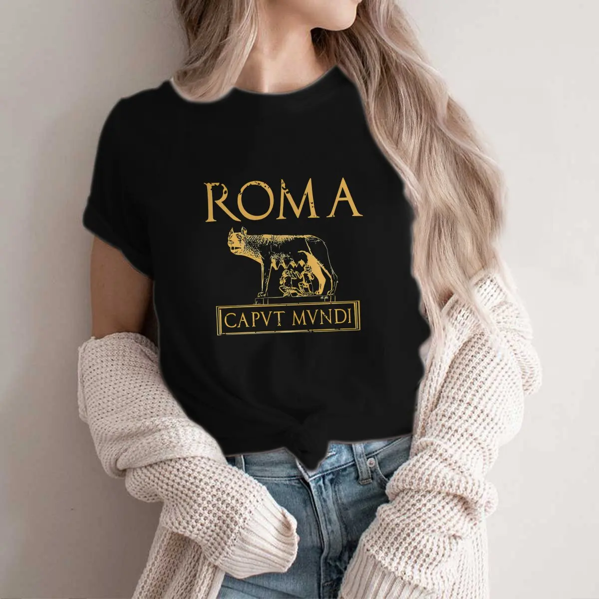 Color: black, Size: S - Roma Caput Mundi Casual Polyester TShirt Ancient Rome Style Streetwear Leisure T Shirt Female