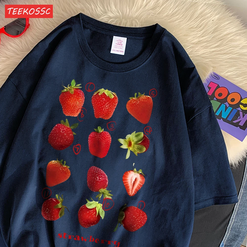 Color: SKY BLUE, Size: XXL - 100% Cotton Women T-shirt Cute Fresh Strawberries Printed Tee Shirt Summer Comfortable Loose Tops Street Fashion Female Clothes