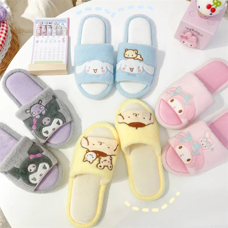 Color: Olivine, Shoe Size: 36 - Japanese Anime Slippers Cartoon Open Toe Sweet Girly Indoor Home Plush Shoes Flat Non-slip Casual Girl Spring Autumn Kawaii