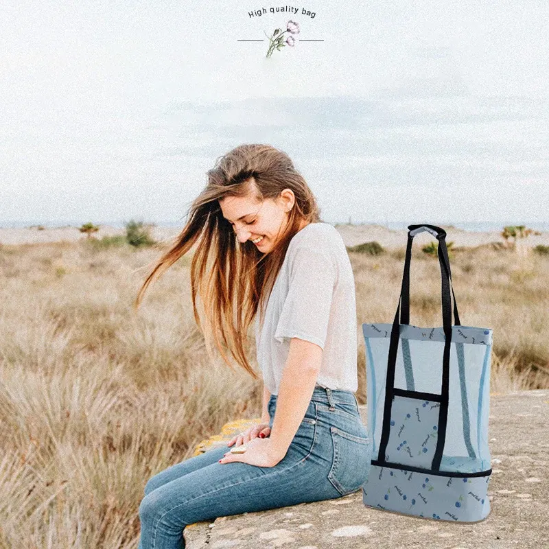 Color: SKY BLUE - High Capacity Women Mesh Transparent Bag Double-layer Heat Preservation Large Picnic Beach Bags