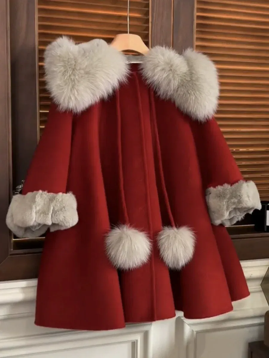 Color: Red, Kid Size: 7 - autumn winter red Big fur collar baby girls wool long coats child Christmas Thick velvet outwear kids New Warm jacket overcoat