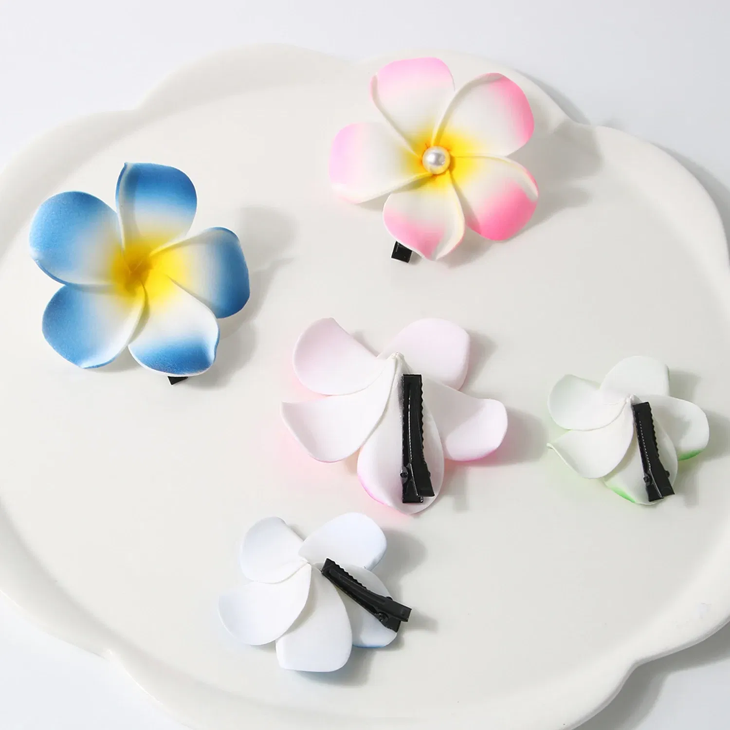 Color: Pink - 5.5/7/8/9cm Plumeria Flower Hair Clips For Girls Women Hairpins Egg Flower Barrette Hawaiian Wedding Artificial Headwear