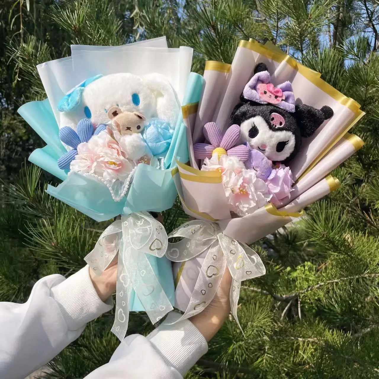 Color: black - My Melody Kuromi Cinnamoroll Hello Kitty Plush Doll Toys Creative Handmade Sanrio Bouquet Valentine Christmas Graduation Gifts