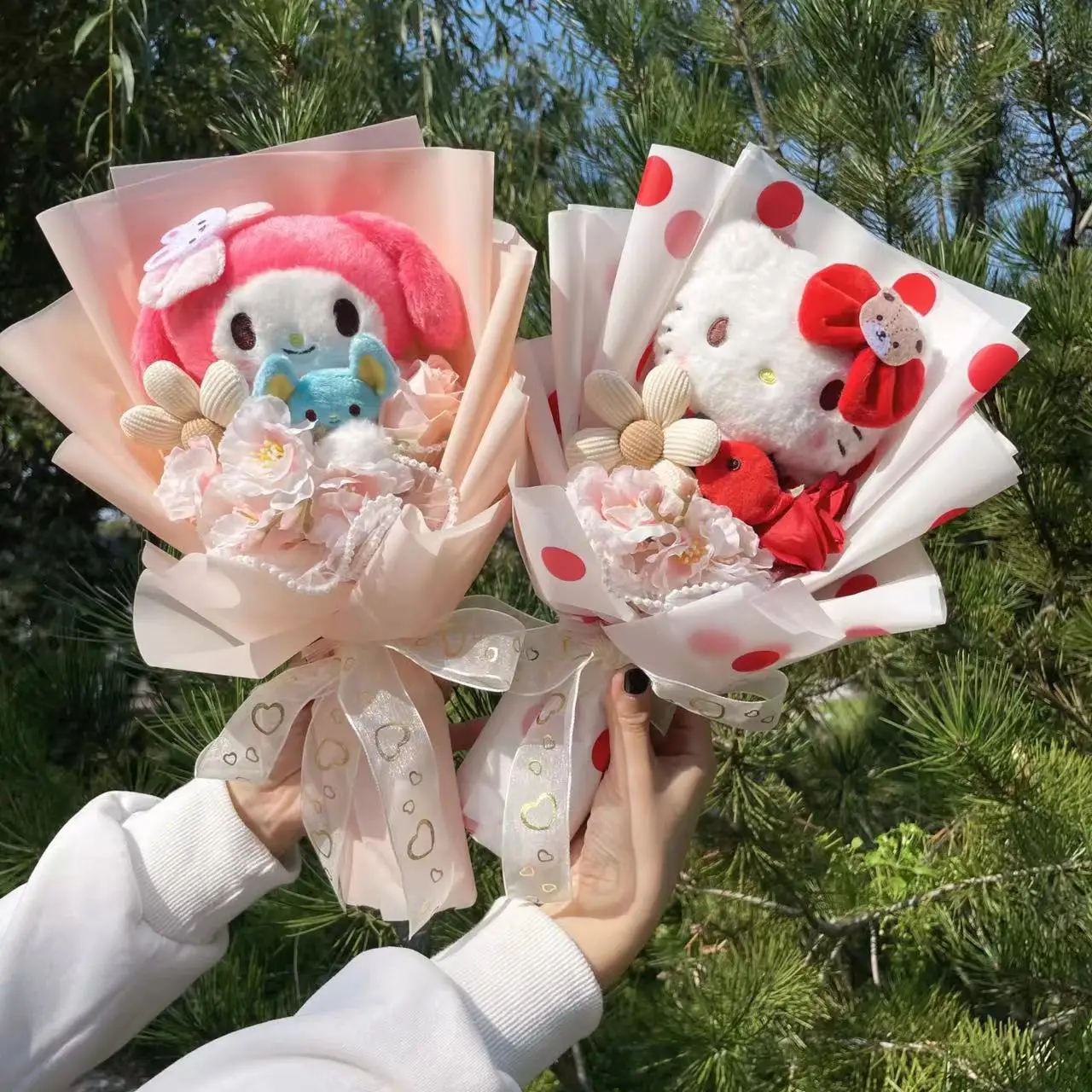 Color: black - My Melody Kuromi Cinnamoroll Hello Kitty Plush Doll Toys Creative Handmade Sanrio Bouquet Valentine Christmas Graduation Gifts