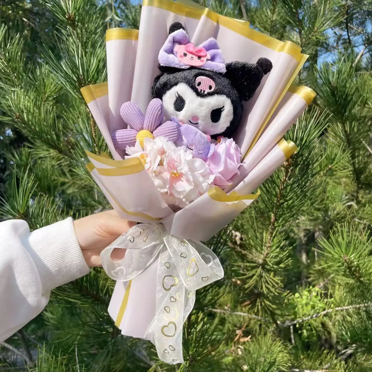 Color: black - My Melody Kuromi Cinnamoroll Hello Kitty Plush Doll Toys Creative Handmade Sanrio Bouquet Valentine Christmas Graduation Gifts