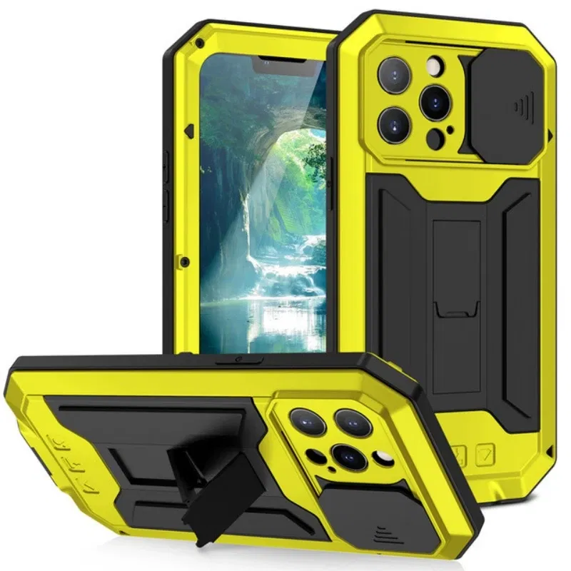 Color: Red, Material: Plastic - Heavy Duty Metal Aluminum Case For iPhone 14 13 15 Pro Max Military Grade Shockproof Bumpers Armor Kickstand Camera Slider Cases
