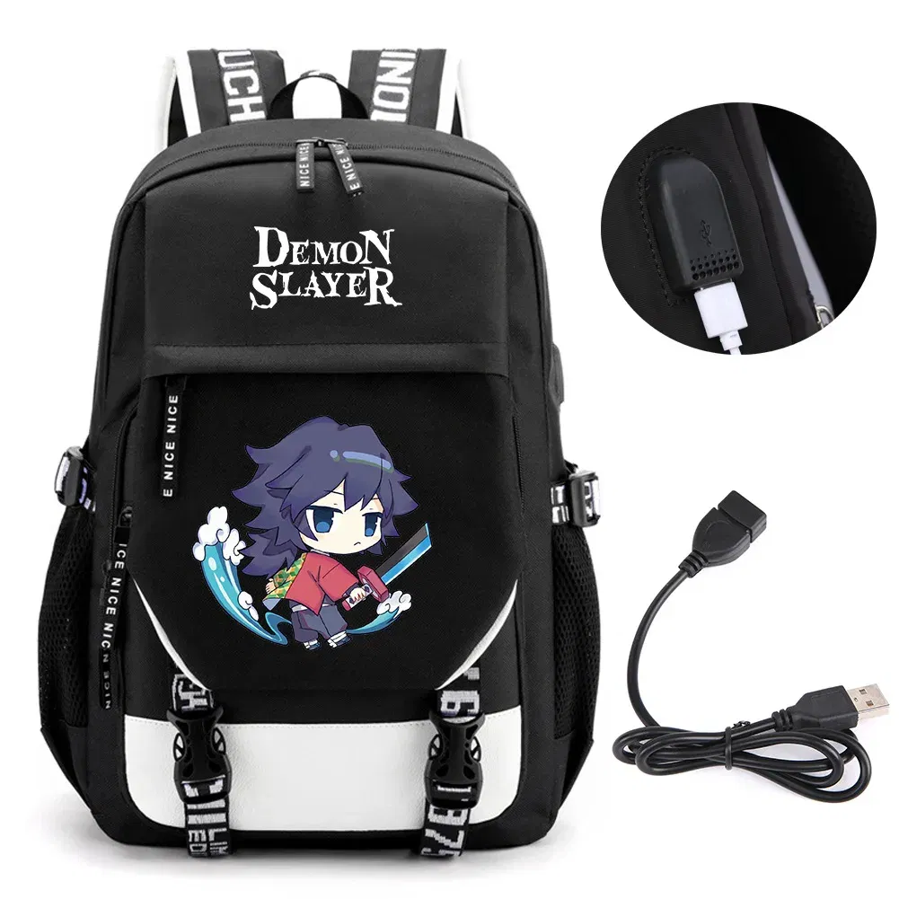 Color: black - Anime Demon Slayer Kamado Nezuko Backpack School Book Bags Mochila Travel USB Port Bag Laptop Boy Girls Gift