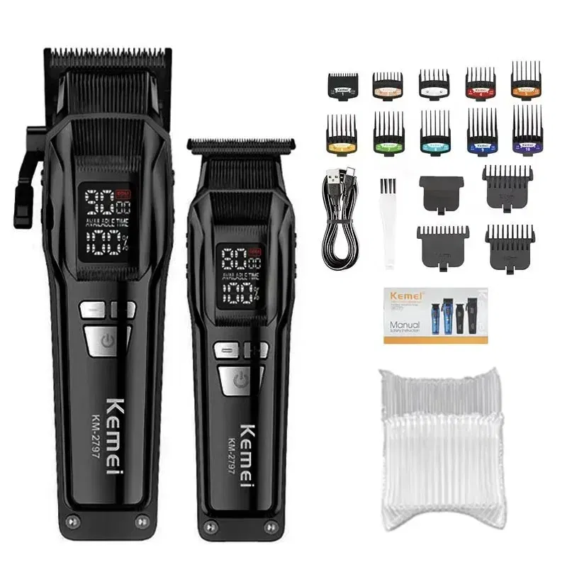 Color: green - Kemei Professional Electric Hair Clipper Kit Rechargeable Hair Trimmer Shaver for Men USB Charging Beard Razor KM-2797 KM-1102
