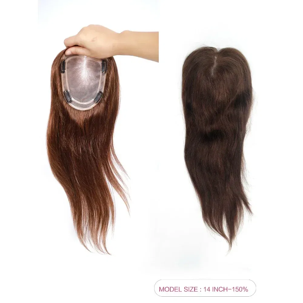 Toupee Color: 4#, Toupee Size: 5x7, Toupee Design: free, Toupee Density: 120%, Length: 18 inches - 5.5X6inch Mono Base Brazilian Remy Human Hair Topper 12"-18" Double Pu Around Thick Invisible Mono Topper for Women Hairpieces