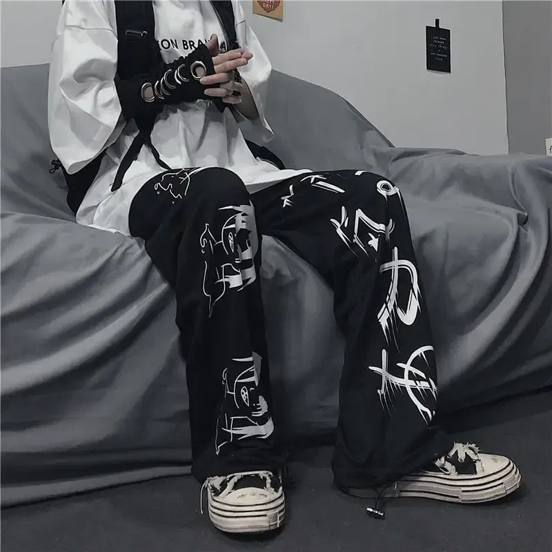 Color: black, Size: S - Black Japenese Printed Anime Y2k Sweatpants Male Streetwear Wide Leg Oversize Baggy Pants Casual Sport Causl Trousers Men 2023