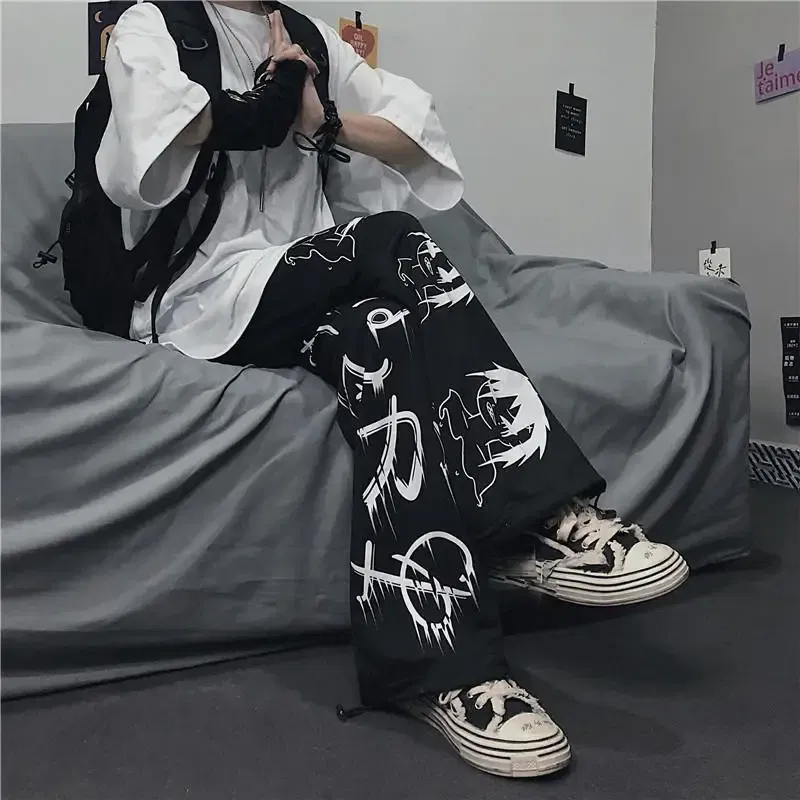 Color: black, Size: S - Black Japenese Printed Anime Y2k Sweatpants Male Streetwear Wide Leg Oversize Baggy Pants Casual Sport Causl Trousers Men 2023