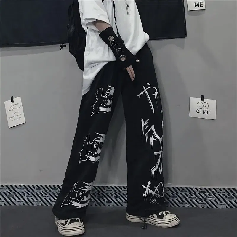 Color: black, Size: S - Black Japenese Printed Anime Y2k Sweatpants Male Streetwear Wide Leg Oversize Baggy Pants Casual Sport Causl Trousers Men 2023