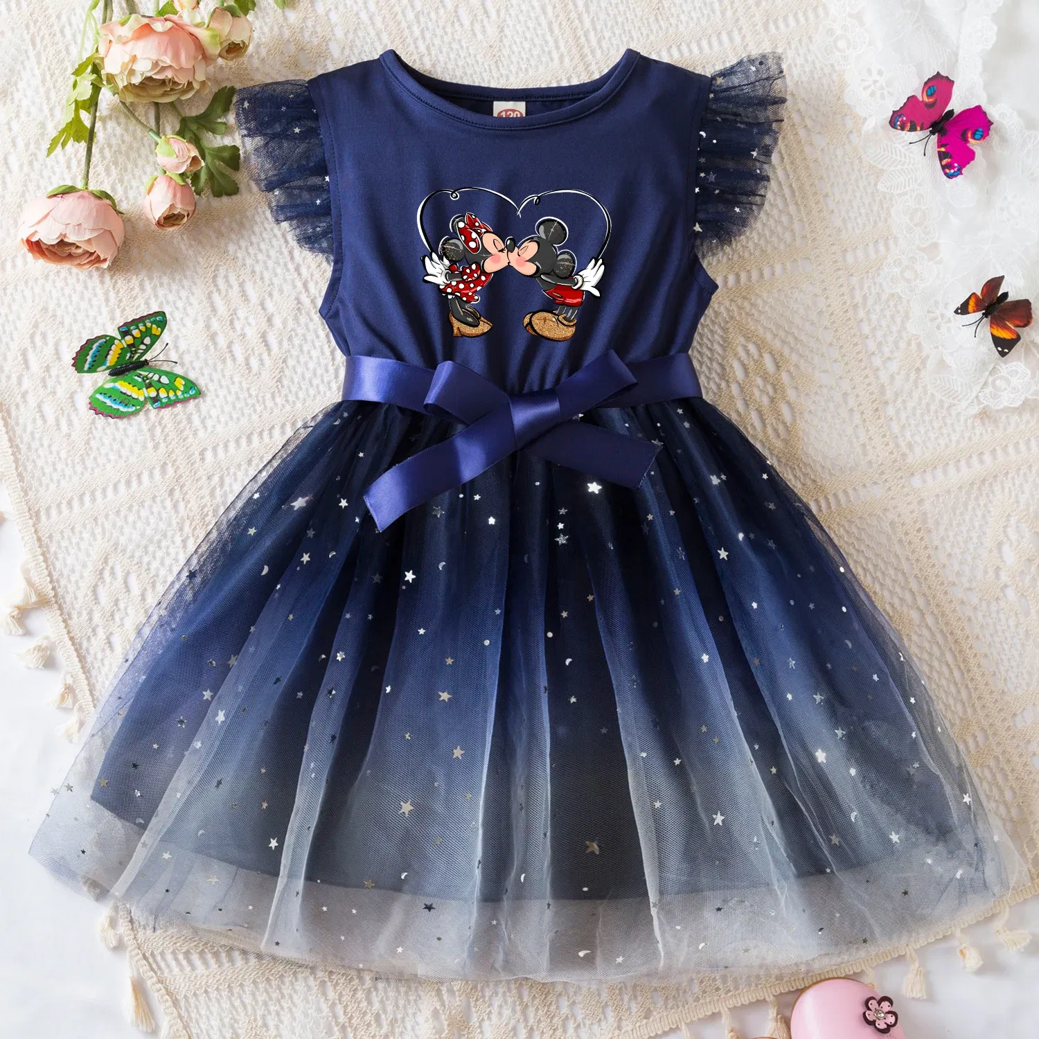 Color: Turquoise, Size: L - Mickey Minnie Mouse Girls Summer Clothes Flying Sleeves Bow Sequin Dress 2-6Y Kid Birthday Tutu Princess Dress for Baby Girl