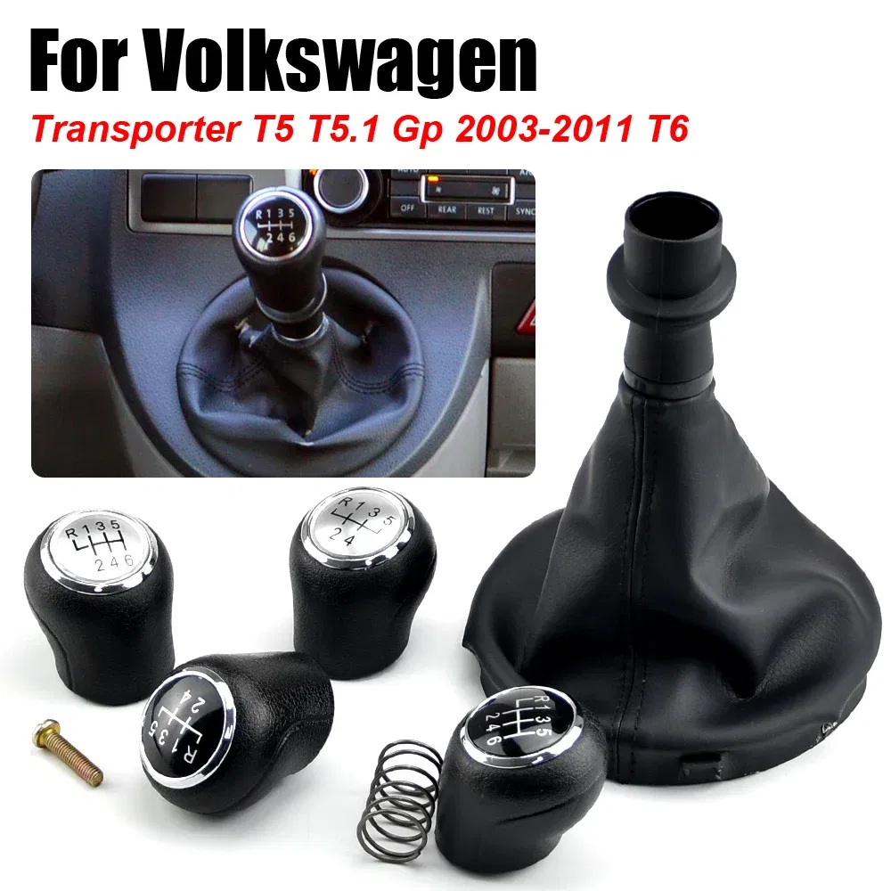 Color Name: Black - For VW Transporter Multivan Caravelle T5 2003 2004 2005 2006 2007 2008 2009 2010 Car 6 Speed Gear Stick Shift Knob Leather Boot