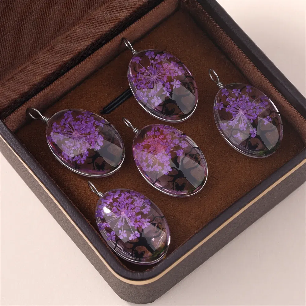 Metal color: PURPLE - 5Pcs Time Gemstone Starry Dried Flower Pendant Round Dried Flower Glass Pendant DIY Necklace Pendant Jewelry Accessories
