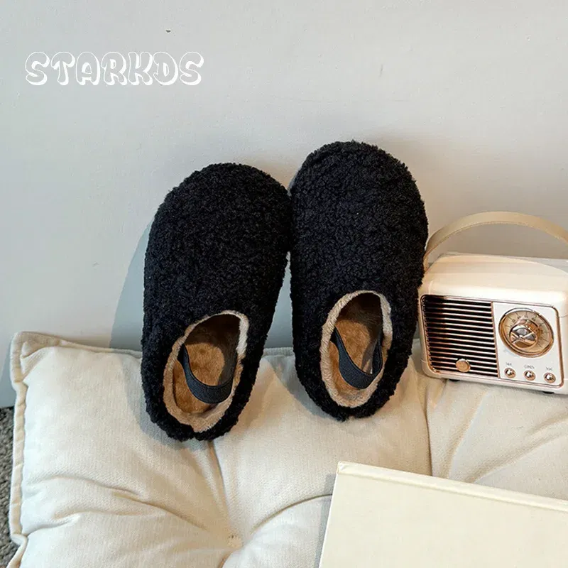 Color: Dark Khaki, Shoe Size: 23.5 - Teddy Fur Mule For Baby Kids Winter Warm Plush Slipper Toddler Child Casual Pull-on Fluffy Cotton Shoe with Back Elastic Strap