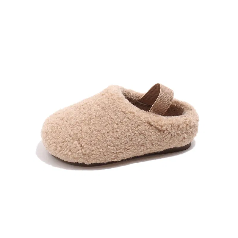 Color: Dark Khaki, Shoe Size: 23.5 - Teddy Fur Mule For Baby Kids Winter Warm Plush Slipper Toddler Child Casual Pull-on Fluffy Cotton Shoe with Back Elastic Strap