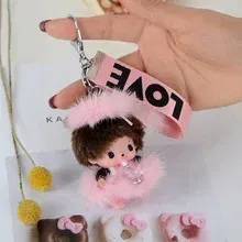 Color: plum, Ships From: CHINA - New creative mink hair Monchi key chain figure car pendant plush toy cartoon doll webbing
