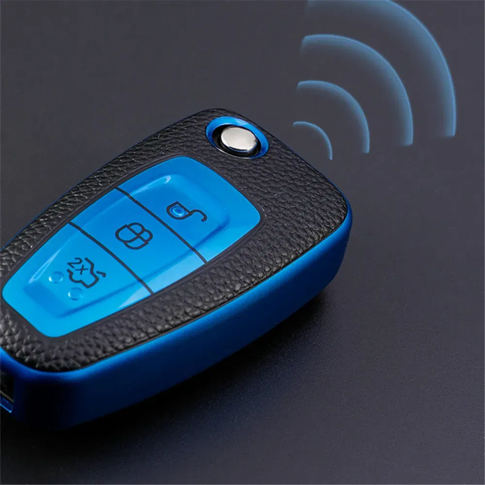 Color Name: Red - Leather TPU Car Key Case Cover for Ford Ranger C-Max S-Max Focus Galaxy Mondeo Transit Tourneo Custom Auto Key Holder Keychain
