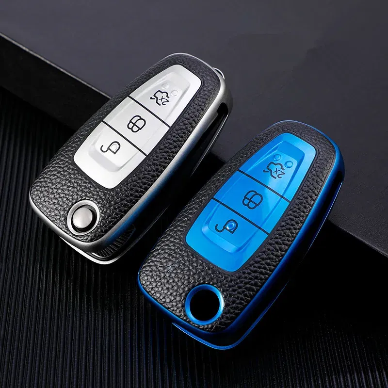 Color Name: Red - Leather TPU Car Key Case Cover for Ford Ranger C-Max S-Max Focus Galaxy Mondeo Transit Tourneo Custom Auto Key Holder Keychain