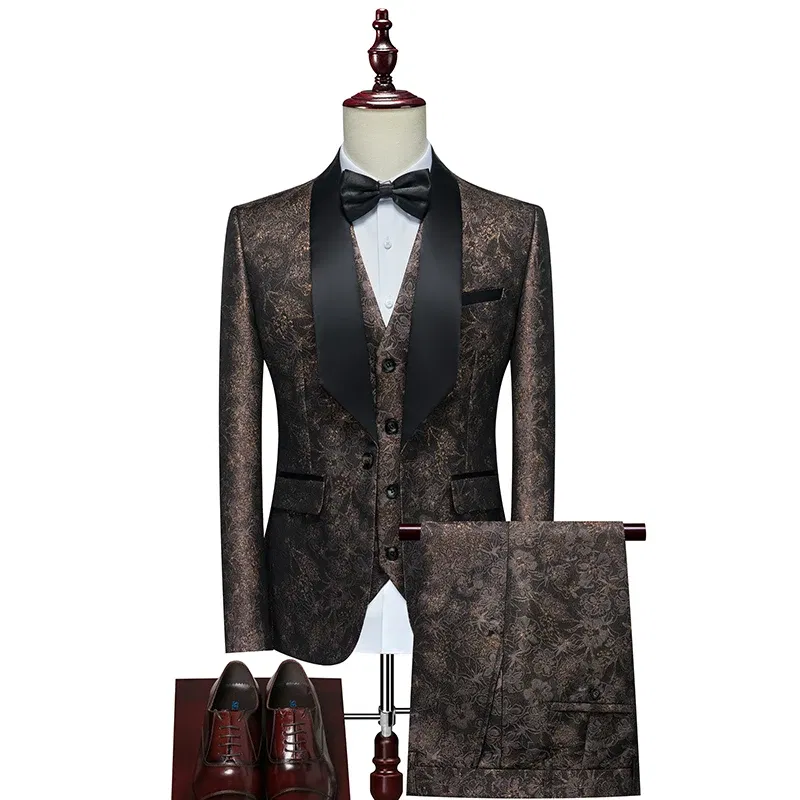 Color: Beige, Size: L - Men's Evening Dress Bridegroom Suit British Wedding Business Casual Fashion Three-piece Set with Vest And Trousers Sizes M-6XL
