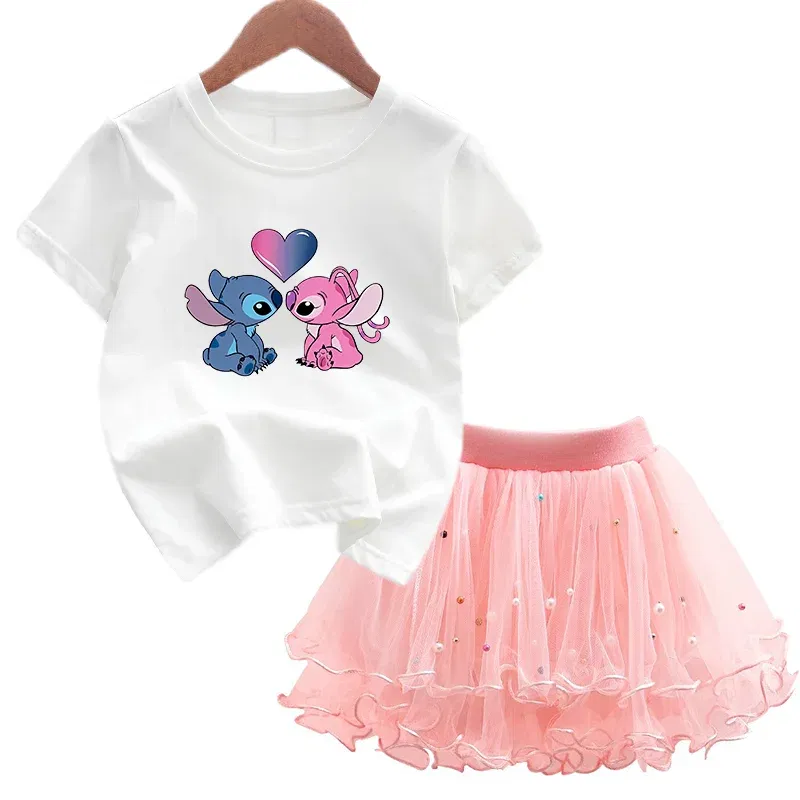 Color: Brown, Kid Size: 2T - 2pcs Lilo Stitch Summer Girls Outfits Cartoon T-shirt and Tutu Skirt Princess Clothes Suit Children Birthday Clothing Sets