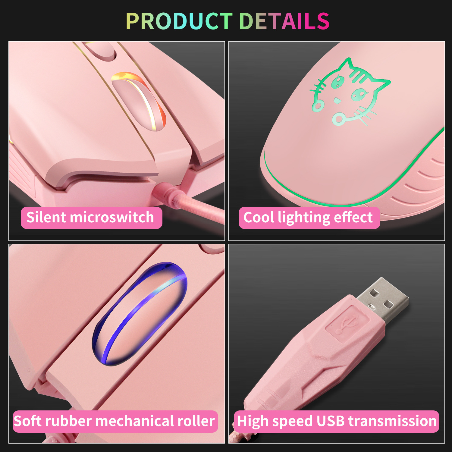 Color: PURPLE - USB Wired Gaming Mouse Pink Computer Professional E-sports Mause 2400 DPI Colorful Backlit Silent Mice for Lol Data Laptop Pc