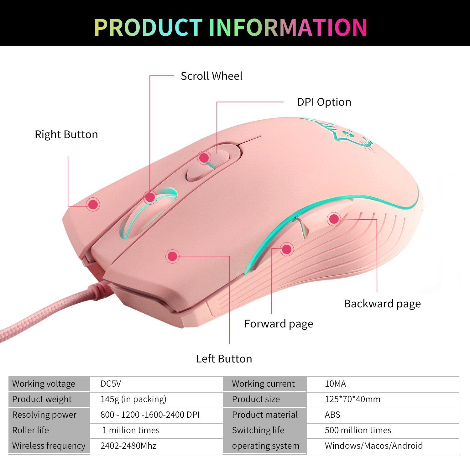 Color: PURPLE - USB Wired Gaming Mouse Pink Computer Professional E-sports Mause 2400 DPI Colorful Backlit Silent Mice for Lol Data Laptop Pc