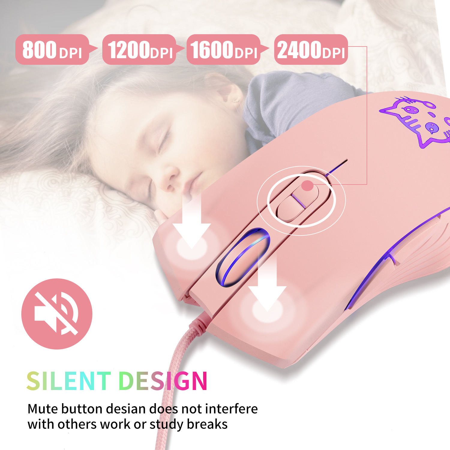 Color: PURPLE - USB Wired Gaming Mouse Pink Computer Professional E-sports Mause 2400 DPI Colorful Backlit Silent Mice for Lol Data Laptop Pc