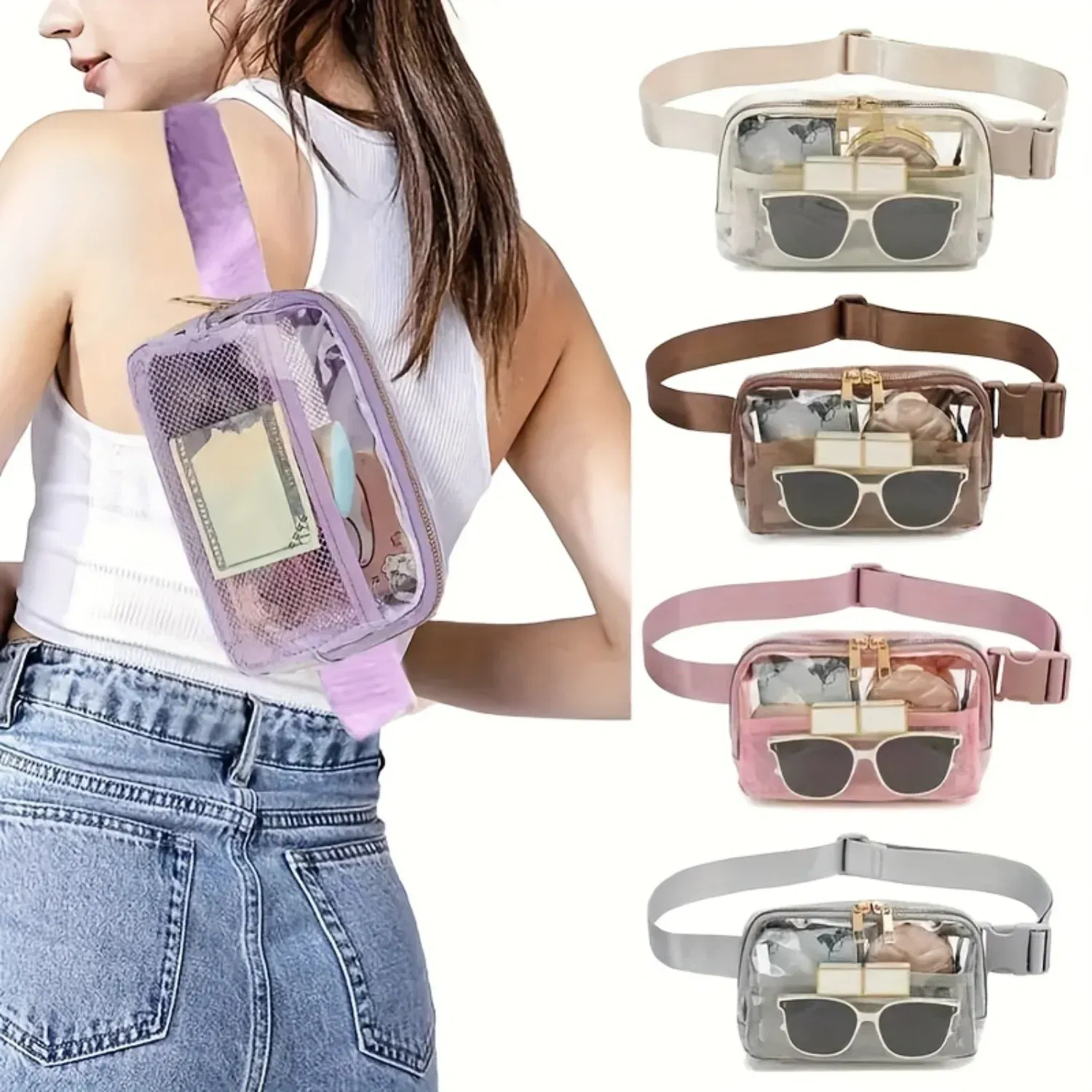 Color: Pink, Ships From: CHINA - Transparent PVC Waist Pack - Fashion Zipper Fanny Pack for Sports Events, Concerts, Travel & Beach - Universal Fit, Solid Color,