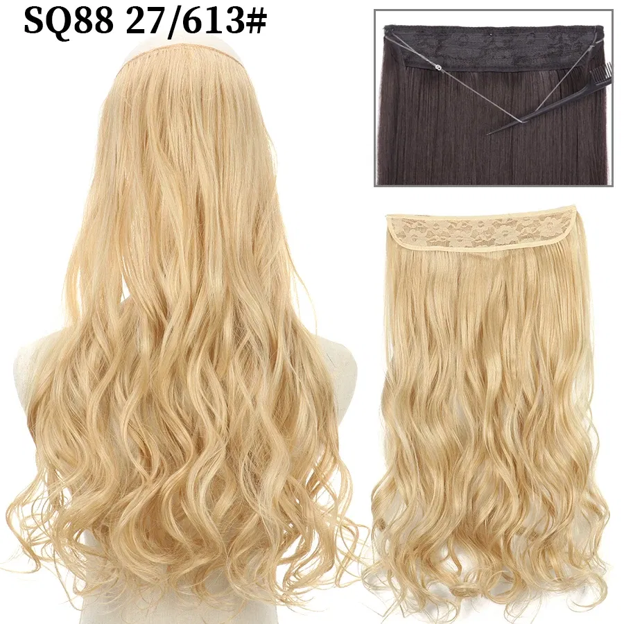 Color: P4/30, Stretched Length: 32inches, Ships From: CHINA - Synthetic Natural Wavy No Clip Fish Line Invisible Hair Extensions Mixed Color Blonde Black Artificial False Hair Piece ForWomen