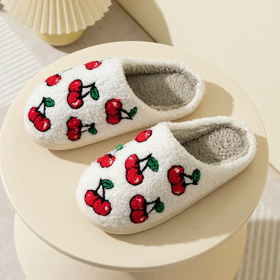 Color: Yellow, Shoe Size: 4 - Cute Little Cherry Slippers Women Fluffy Cherries Fur Plush House Shoes Female Bedroom Comfy Home Flat Slip-on Slides New