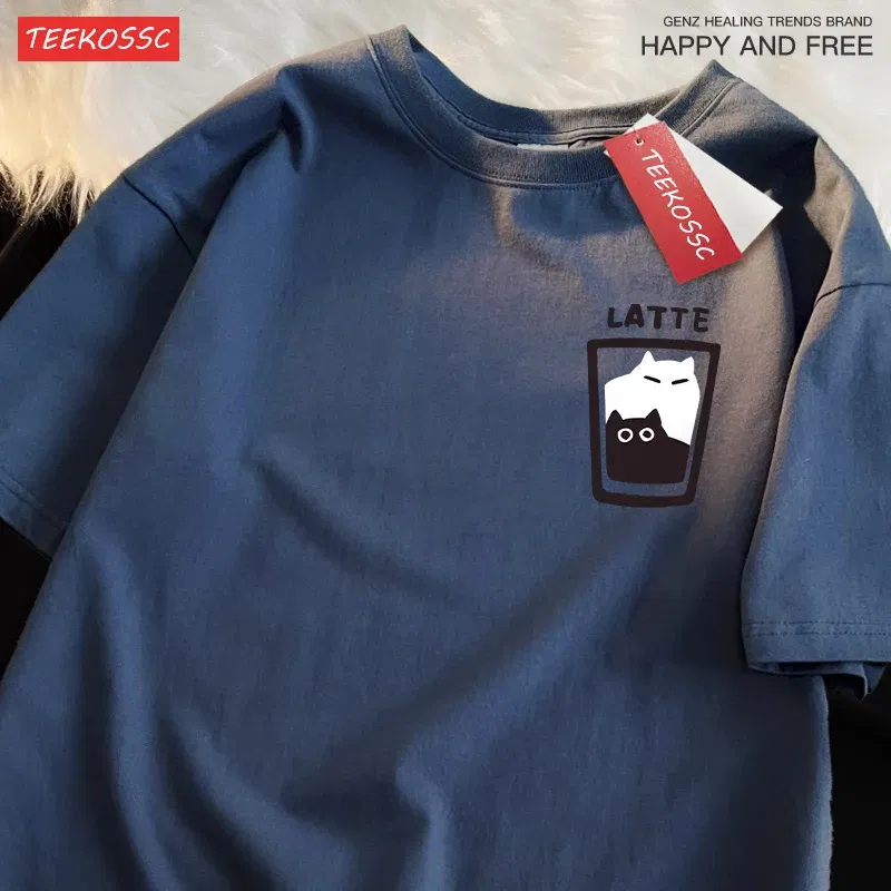 Color: Clear, Size: S - Mocha Latte Couple Outfit Cat Coffee Couple Male T-Shirts Graphic Cool Tee Shirt High-Quality Oversized Tshirt Comfort Soft